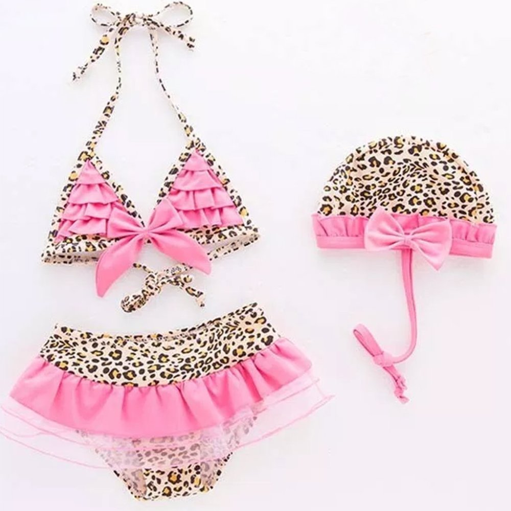Leopard Pink Ruffle 3pcs Little Girl Bikini Swimwear Set